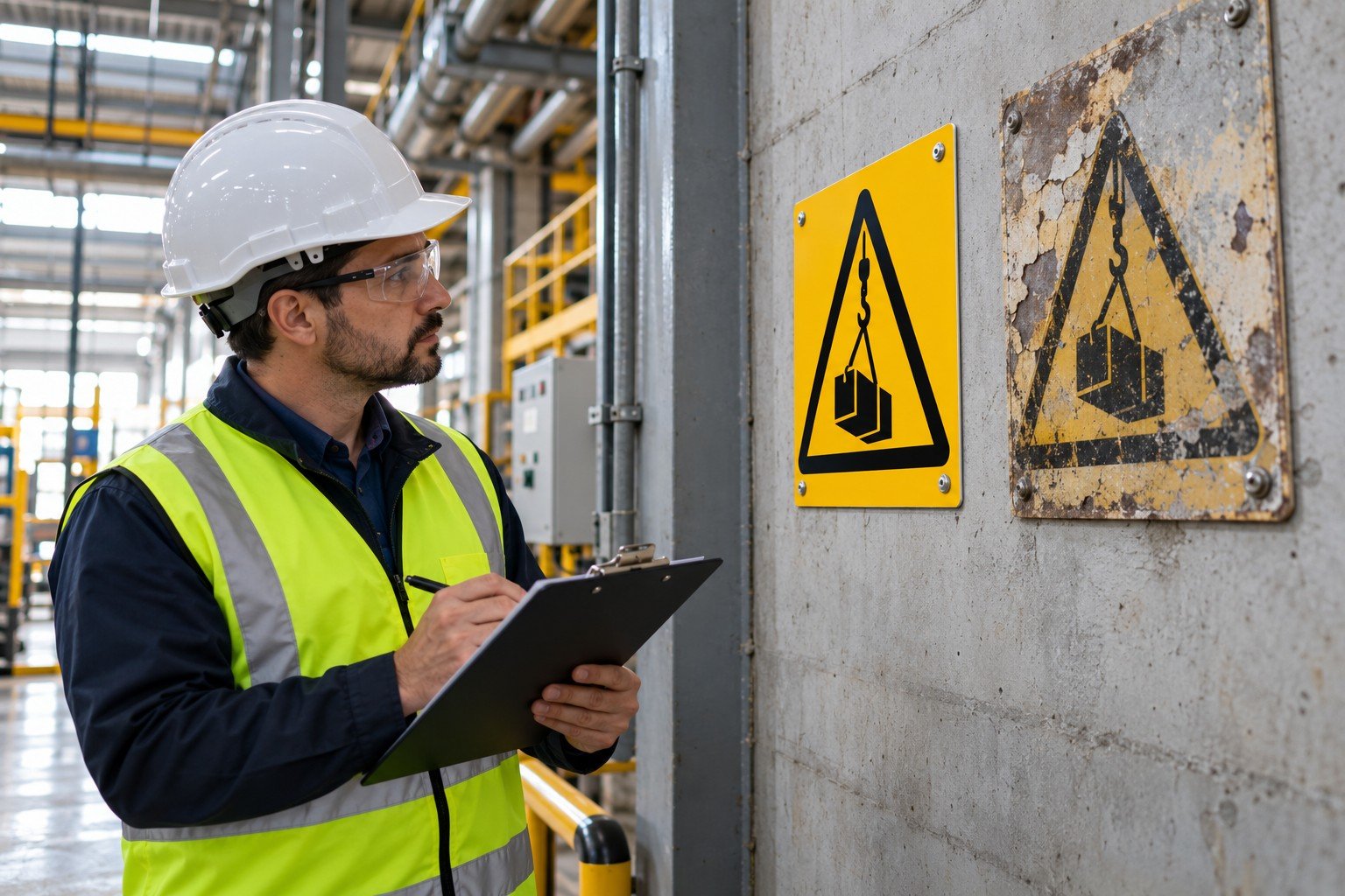 Técnico de segurança do trabalho inspecionando placa de sinalização nova ao lado de placa desbotada