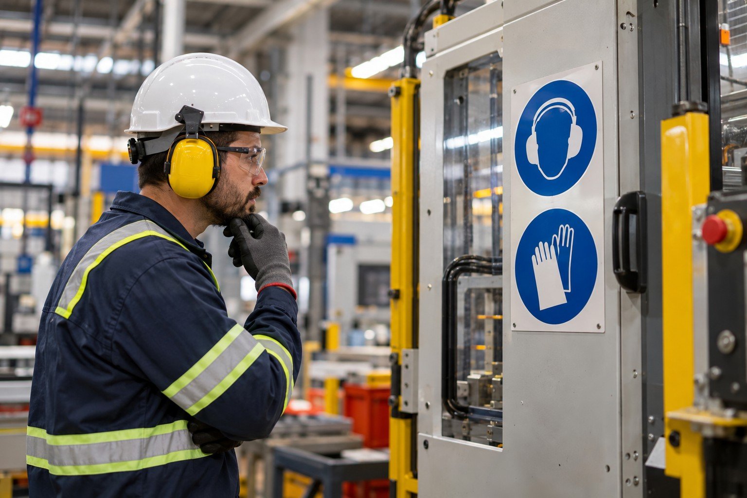 Operador industrial com EPI observando placa de uso obrigatório de protetor auricular e luvas em máquina