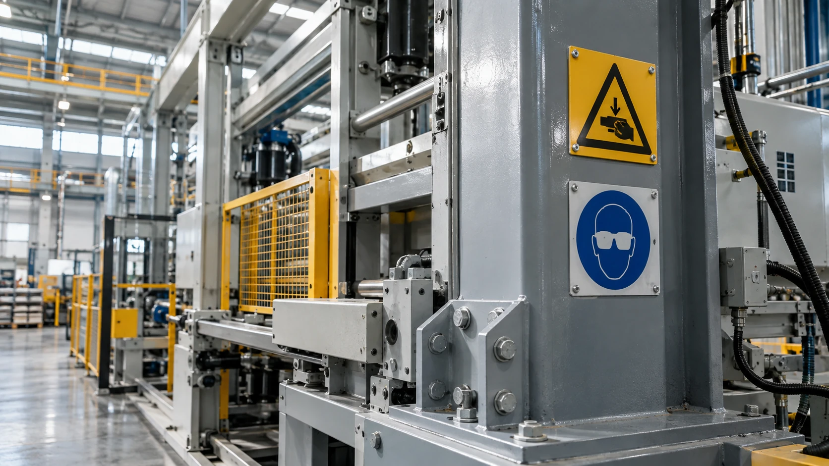 Placas industriais instaladas em ambiente fabril com estruturas metálicas e equipamentos