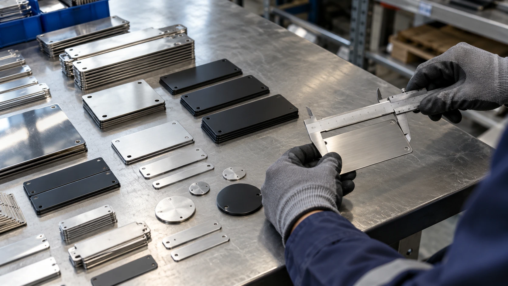 Placas industriais de diferentes dimensões sendo medidas com paquímetro em bancada técnica