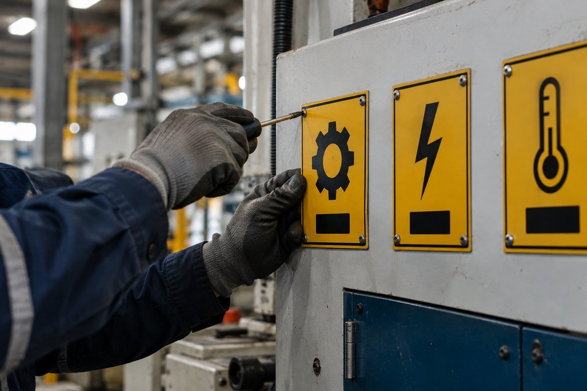Técnico de manutenção fixando placa de identificação padronizada na lateral de uma máquina industrial