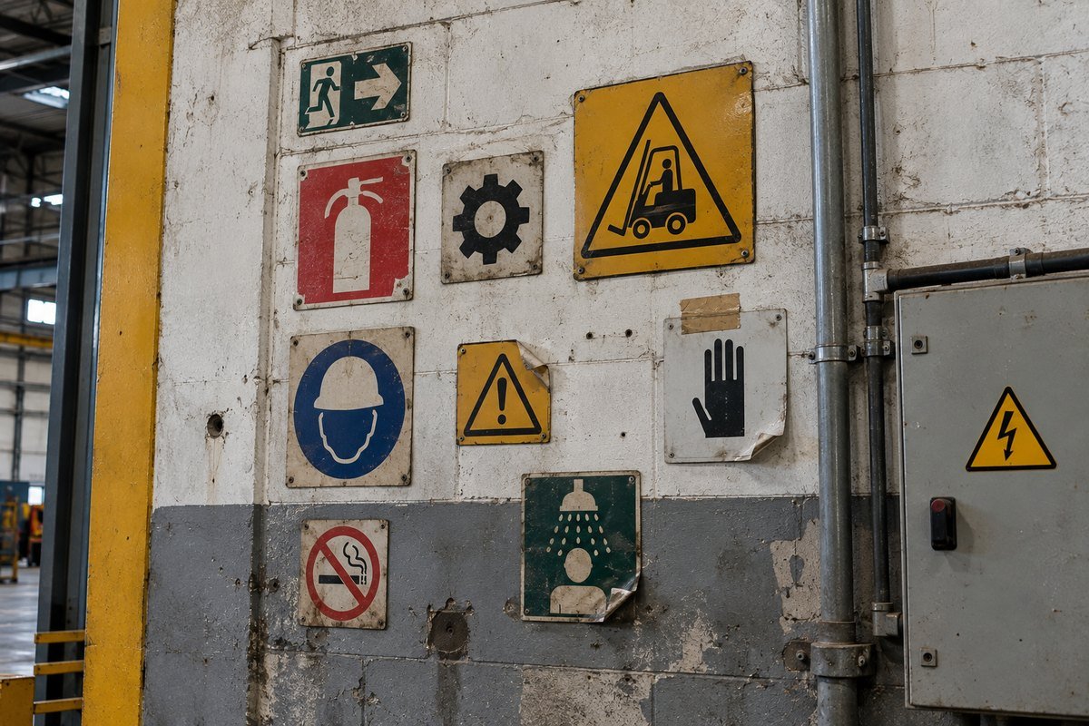 Parede de galpão industrial com placas de sinalização de tamanhos, materiais e estados de conservação diferentes, sem padronização